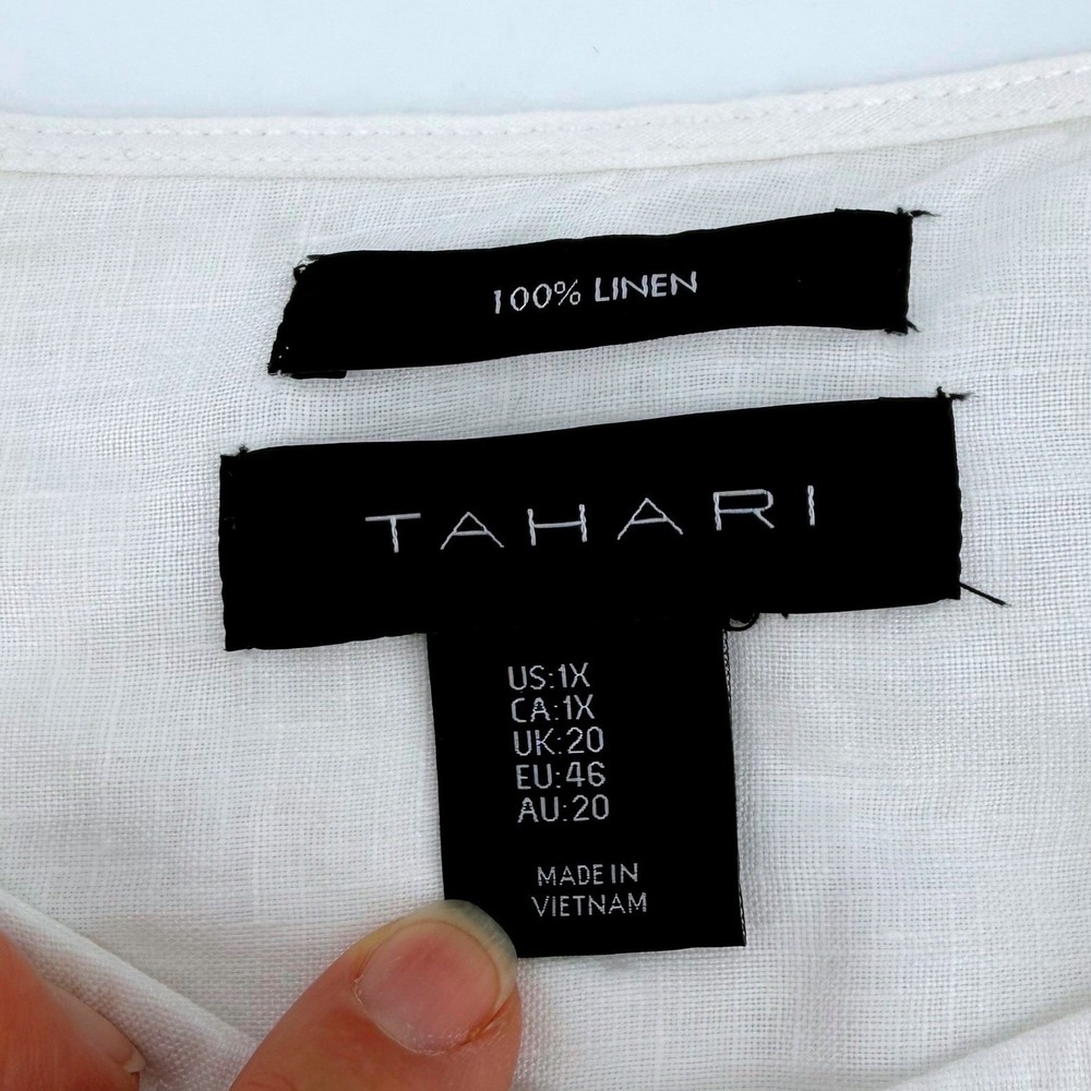 Tahari White 100% Linen Roll Tab Sleeve Button Front Tunic Blouse Womens 1X - Picture 2 of 9